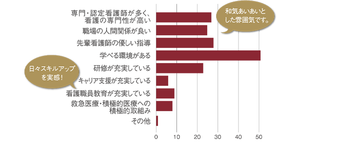 専門・認定看護師が多く看護の専門性が高い／職場の人間関係が良い／先輩看護師の優しい指導／学べる環境がある／研修が充実している／キャリア支援が充実している／看護職員教育が充実している／救急医療・急性期医療への積極的取組み／その他