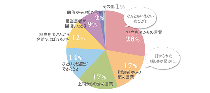 担当患者からの言葉：28％／指導者からの褒め言葉：17％／上司からの褒め言葉：17％／ひとりで処置ができたとき：14％／担当患者から名前で呼ばれたとき：12％／担当患者が回復したとき：9％／同僚からの誉め言葉：2％／その他：1％